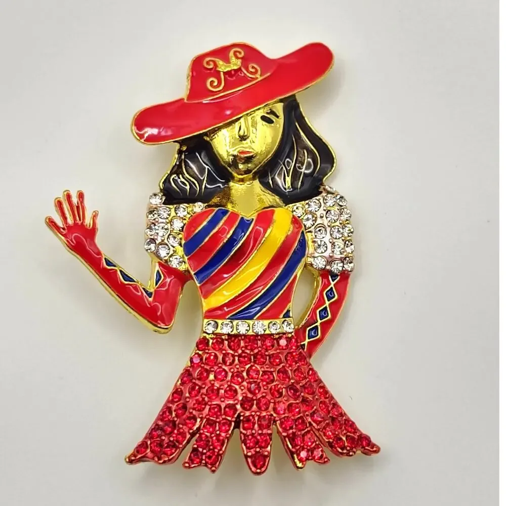 Fancy Dressed Red Hat Figural Women Brooch Enamel & Rhinestones Bright Colors